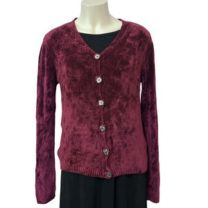 CP Shades Burgundy Velvet Ribbed Button Cardigan Women’s S Rayon